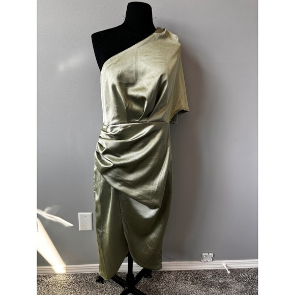 One Shoulder satin sage green Dress Ruched Bodycon Cocktail Party Dress - Picture 1 of 13